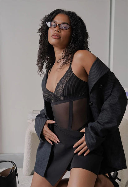 Temptation High Leg Thong Bodysuit 9597 Black/Sand