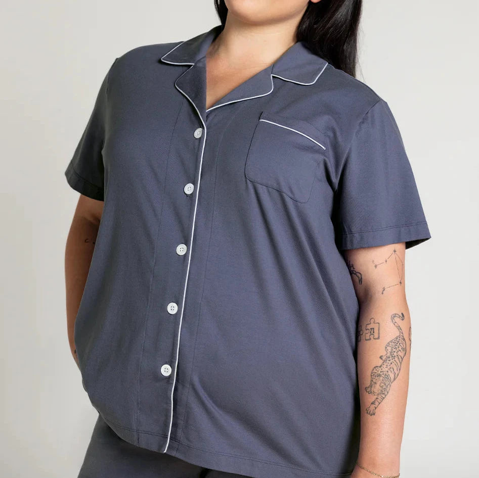 Cotton Stretch Button-Down Short Sleeve PJs Crown Blue